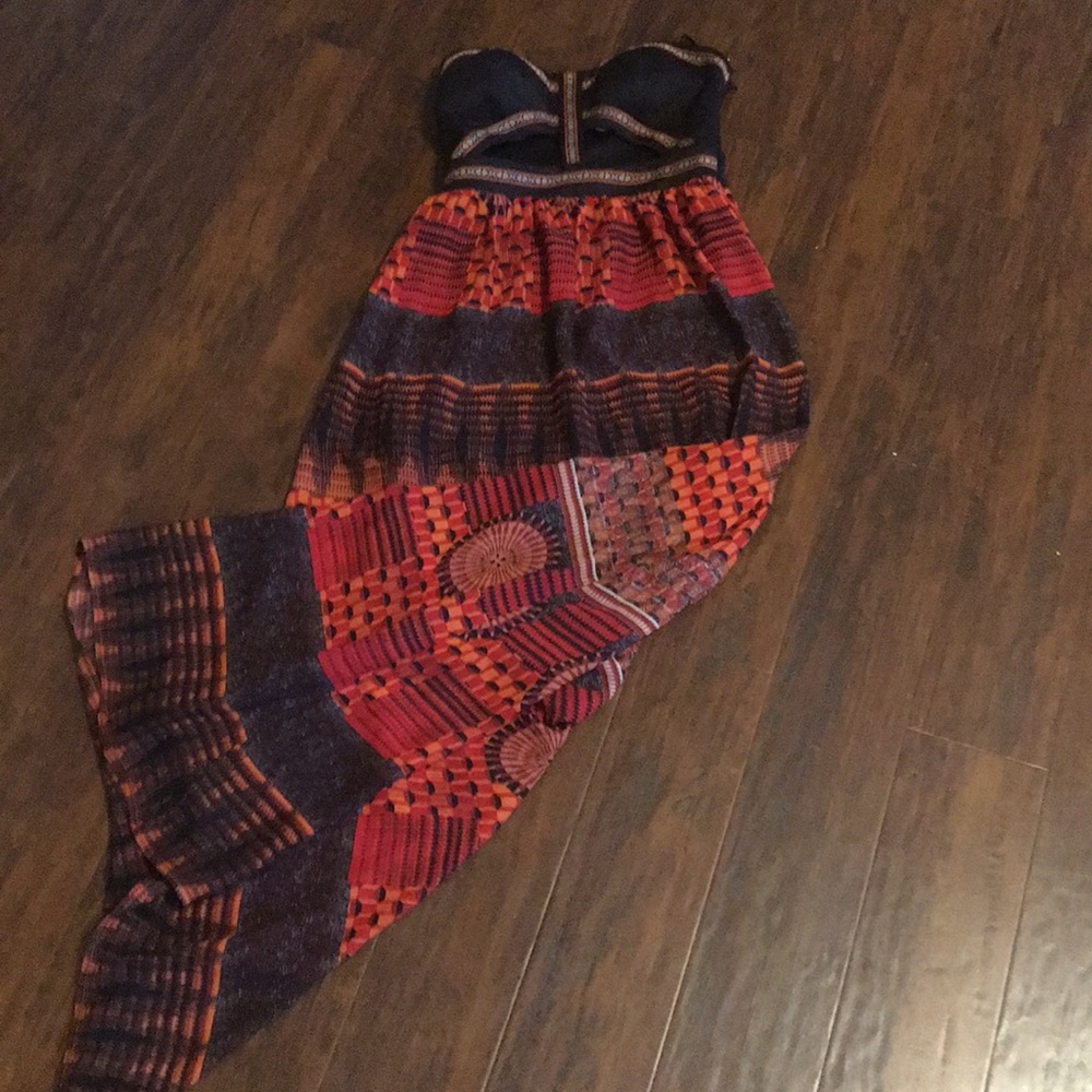 Black and orange strapless maxi dress